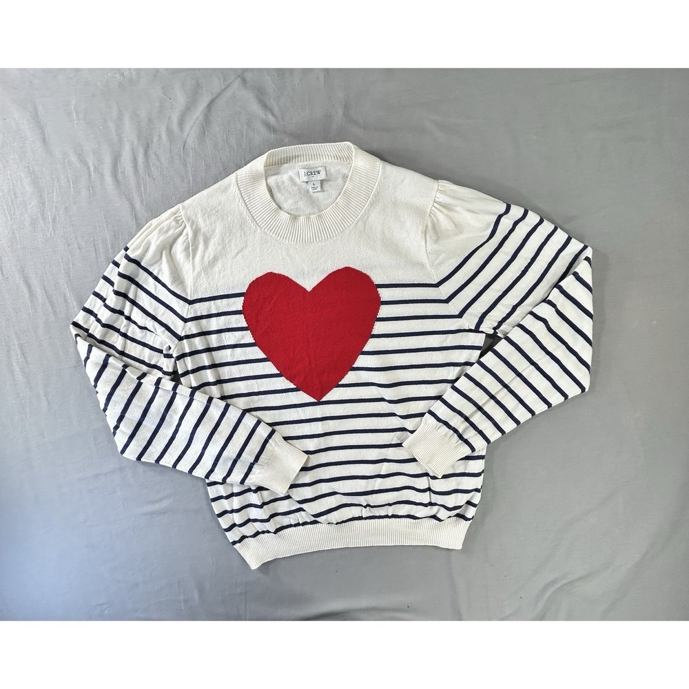 J.Crew Factory ivory and navy-striped crewneck sweater With Heart Valentines Day